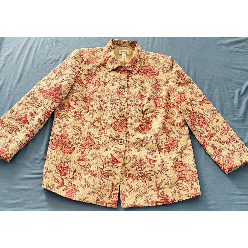 TALBOTS Blazer Size 14W Floral Birds Textured Cotton/Silk Casual Jacket